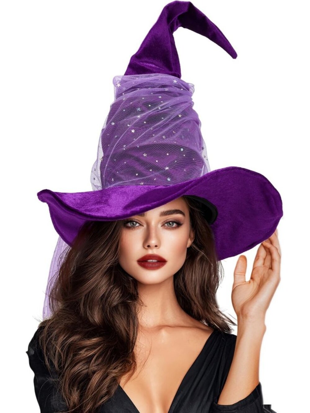 Vintage Purple Velvet With Mesh Witch Hat for Women Halloween Costume Accessory